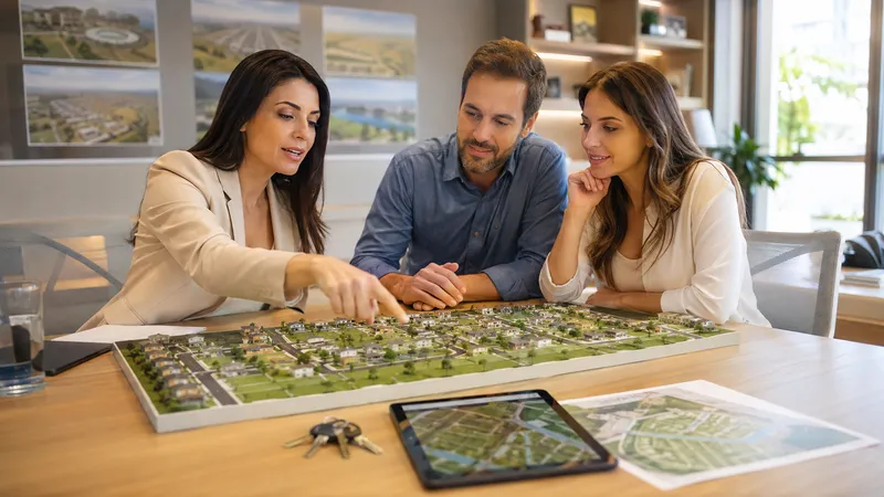 Corretora apresentando a maquete de um loteamento a um casal, com tablet e planta sobre a mesa