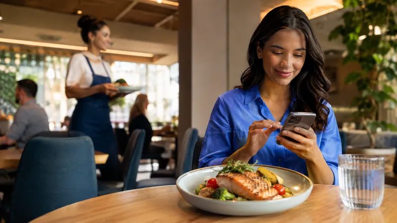 Cliente sentada à mesa de um restaurante, fazendo um pedido pelo celular